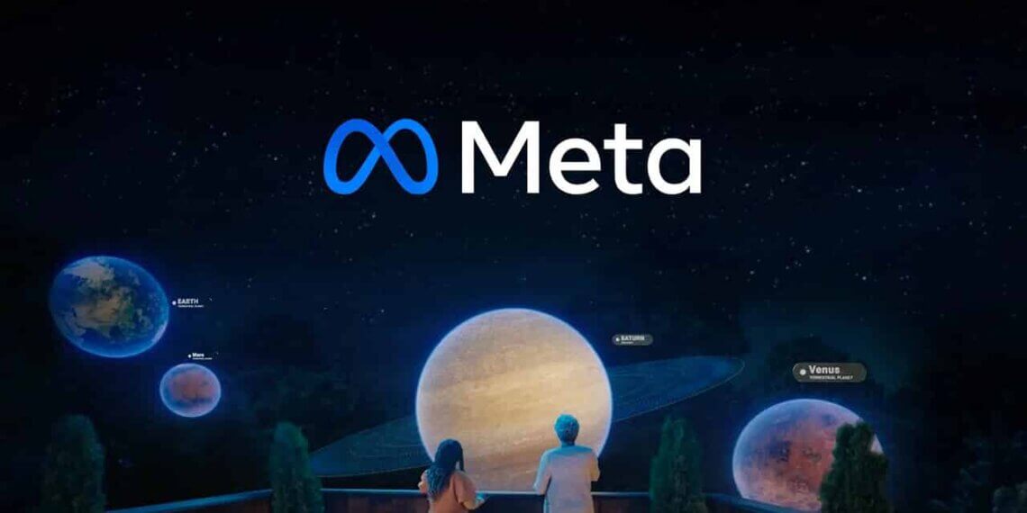 Two individuals observing a planetary visualization with the Meta logo displayed prominently above.
