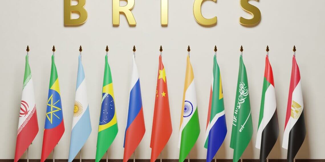 Flags of BRICS countries including Brazil, Russia, India, China, and South Africa arranged in a row.