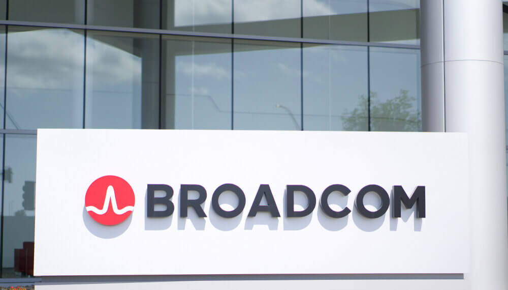 Broadcom company logo displayed on a sign outside a corporate building.