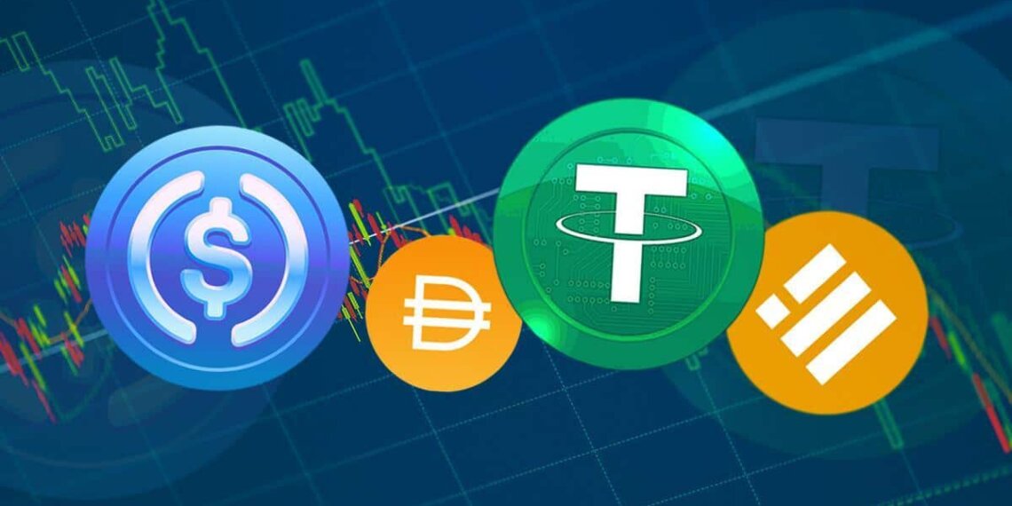 Logos of different stablecoins including USD Coin, DAI, Tether, and Binance USD on a digital graph background.