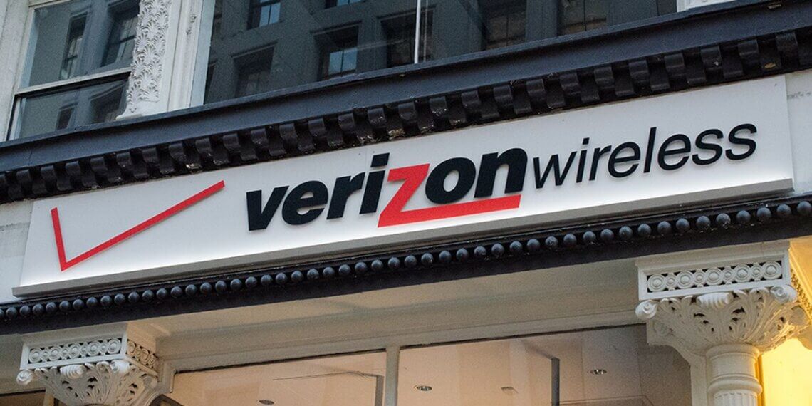 Verizon Wireless store logo displayed on a storefront sign with a red checkmark.