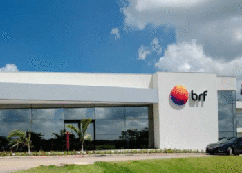 Exterior view of the BRF company building featuring a logo and large glass windows.