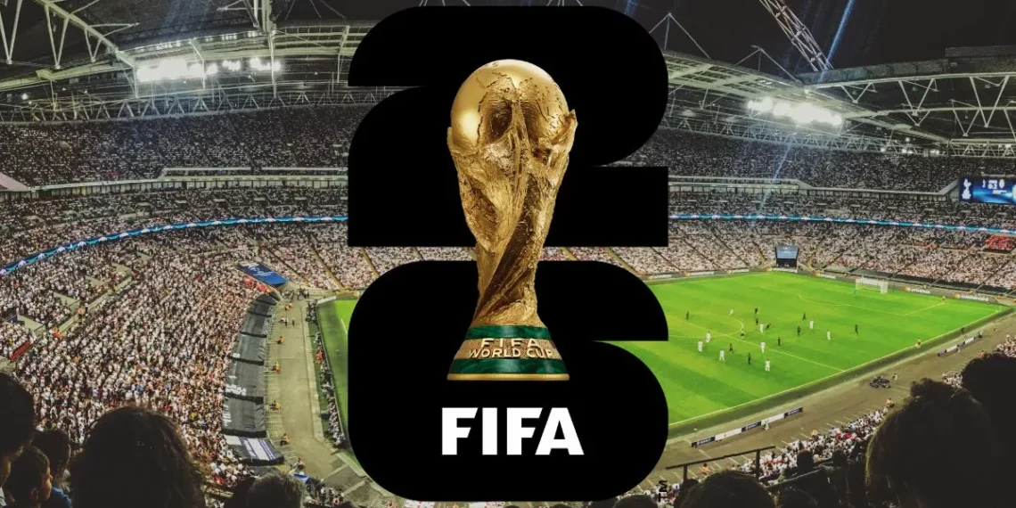 FIFA World Cup trophy displayed in front of a crowded stadium during a match.